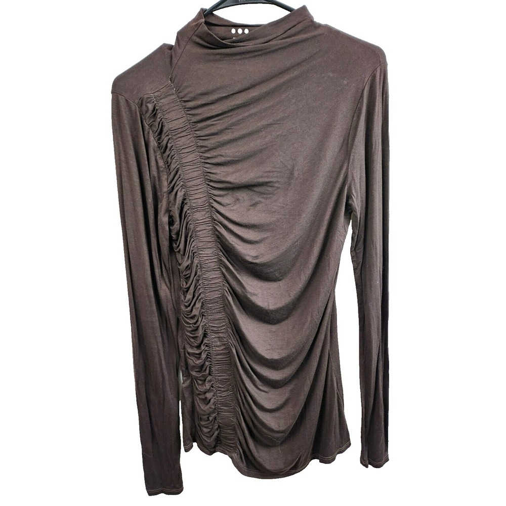 Three Dots Womens Mock Neck Top Medium Brown Ruched Long Sleeve Minimalist Tee